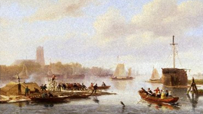 Een houtvlot bij Dordrecht. N.J. Roosenboom, 1850.